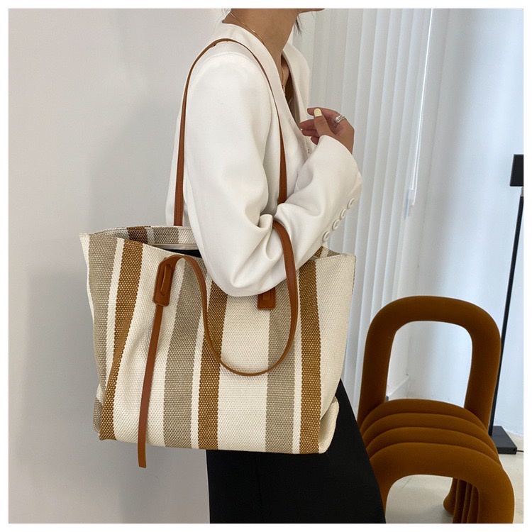 NAOMI - Rossalie Shoulder Bag Wanita Import Motif Garis Cantik - Tote Bag Canvas Premium - Tas Wanita Impor Big Size - Tas Kerja Kuliah - Tas Wanita - Tas Naomi - Naomi Bag - kantong belanja - shopping bag - tas supermaket