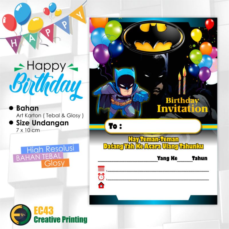 Undangan Ulang Tahun Tema Batman isi 10 pcs + Plastik Opp Seal / Undangan Ultah Polosan