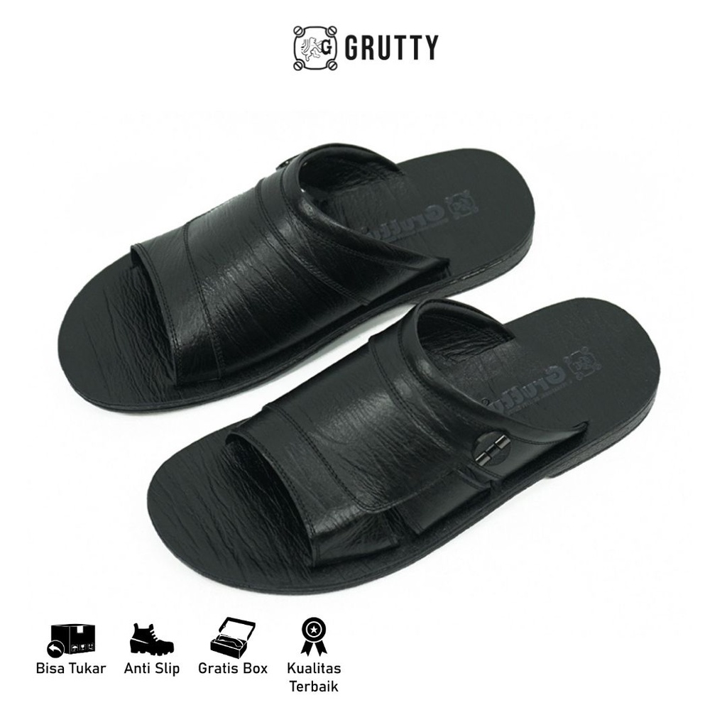 Grutty Sandal Pria Sendal Kokop Cowok Kulit Asli Casual Slide Premium Hitam