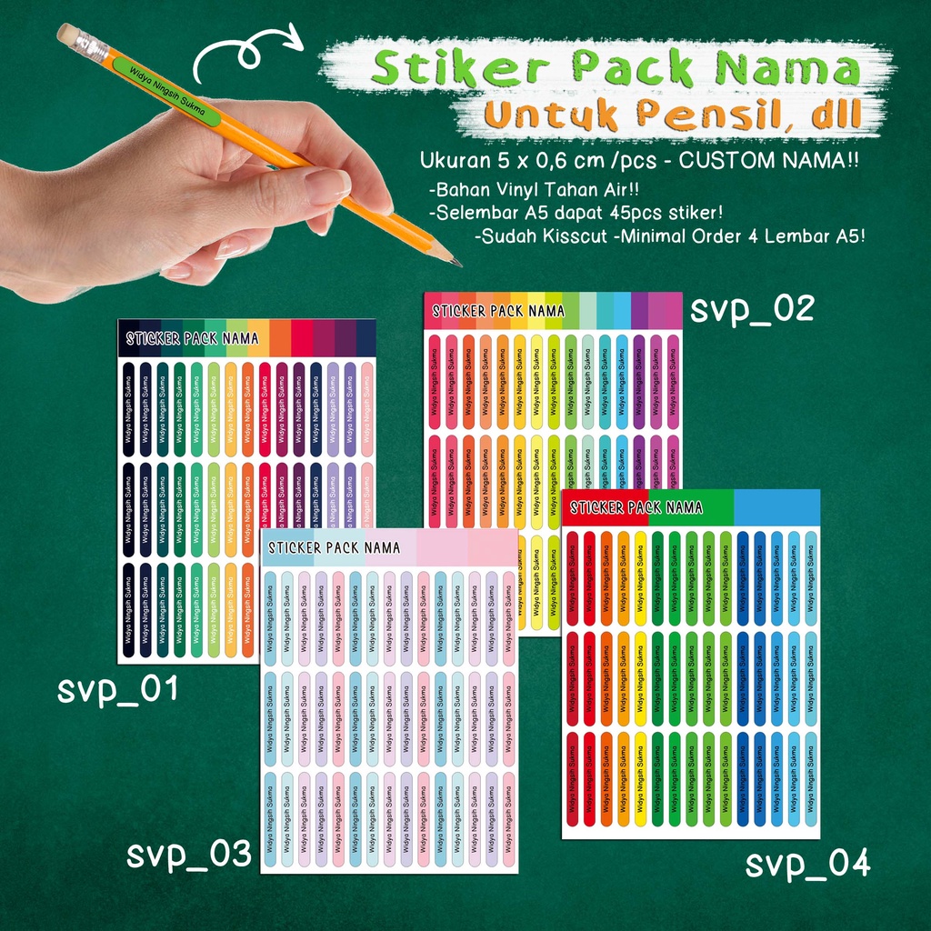 

RK [1 PAKET ISI 4 LEMBAR A5] - STIKER PACK NAMA / Stiker Pack Nama STIKER NAMA untuk Pensil, Pulpen,