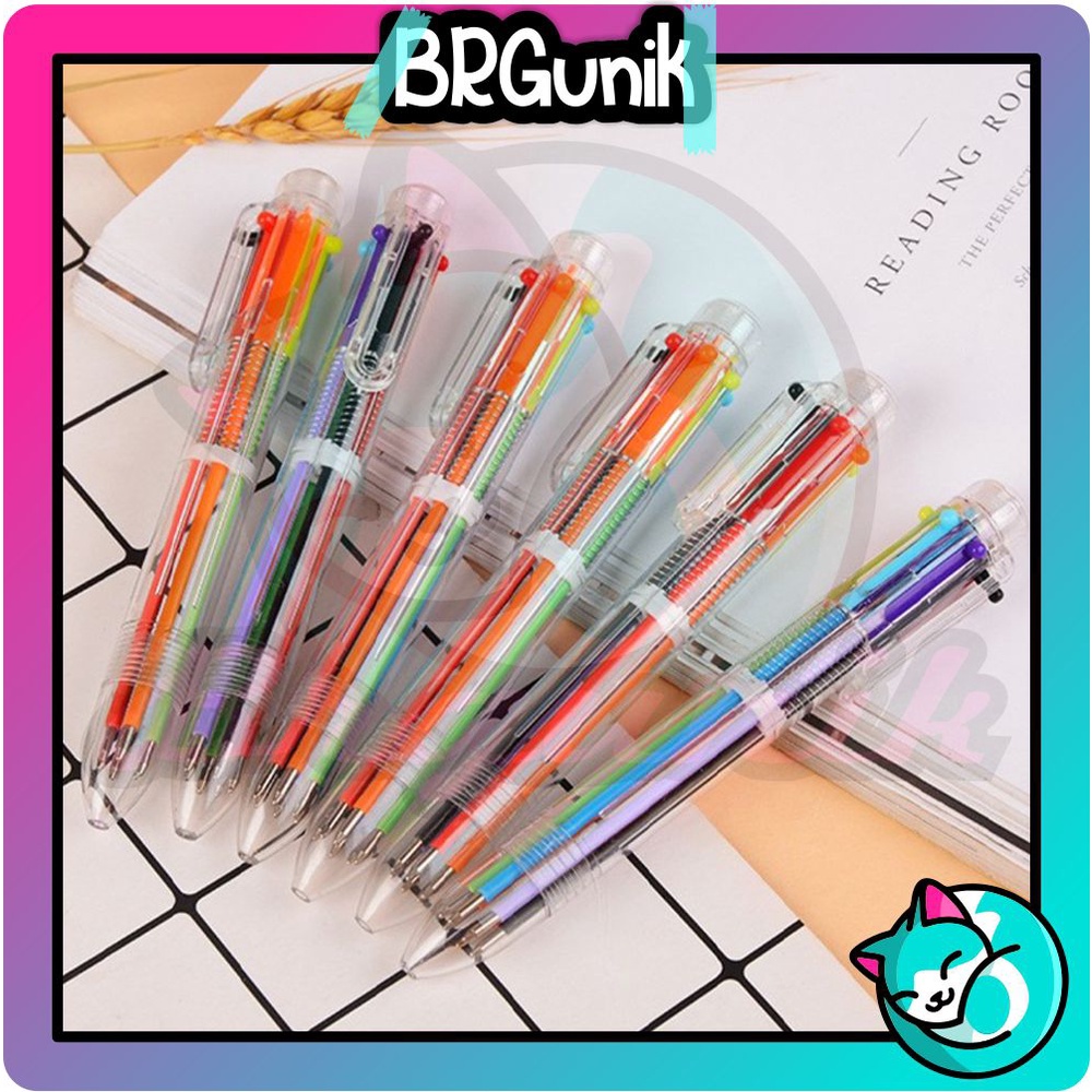 BRGUNIK Pulpen 6 Warna Transparan Pena Ballpont Pen Six-in-One Color S048