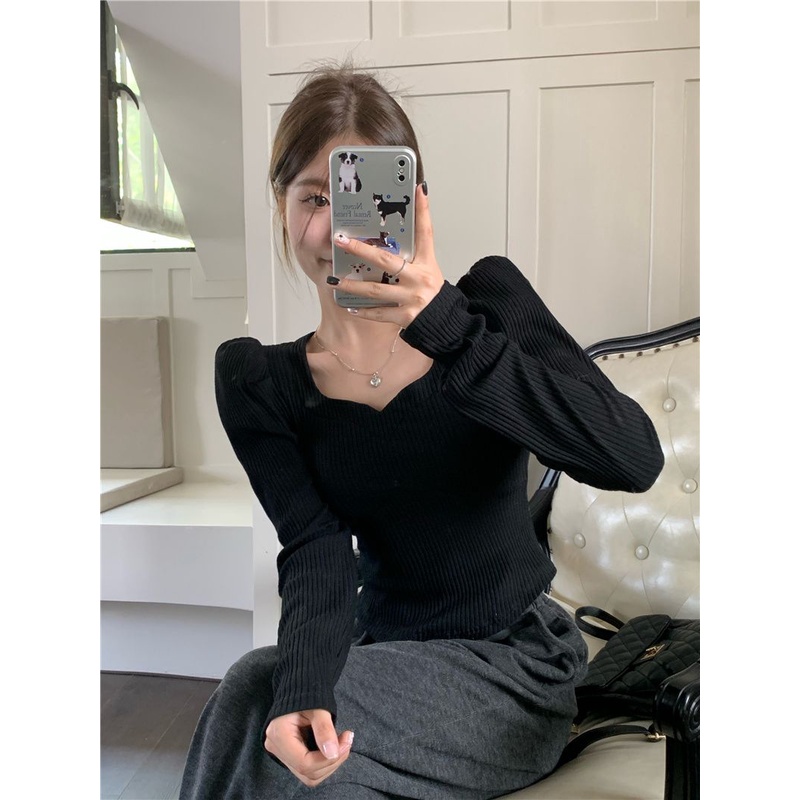 Red French niche square collar puff sleeve bottoming shirt women s autumn and winter 2022 new slim fit and thin outerwear long-sleeve tops