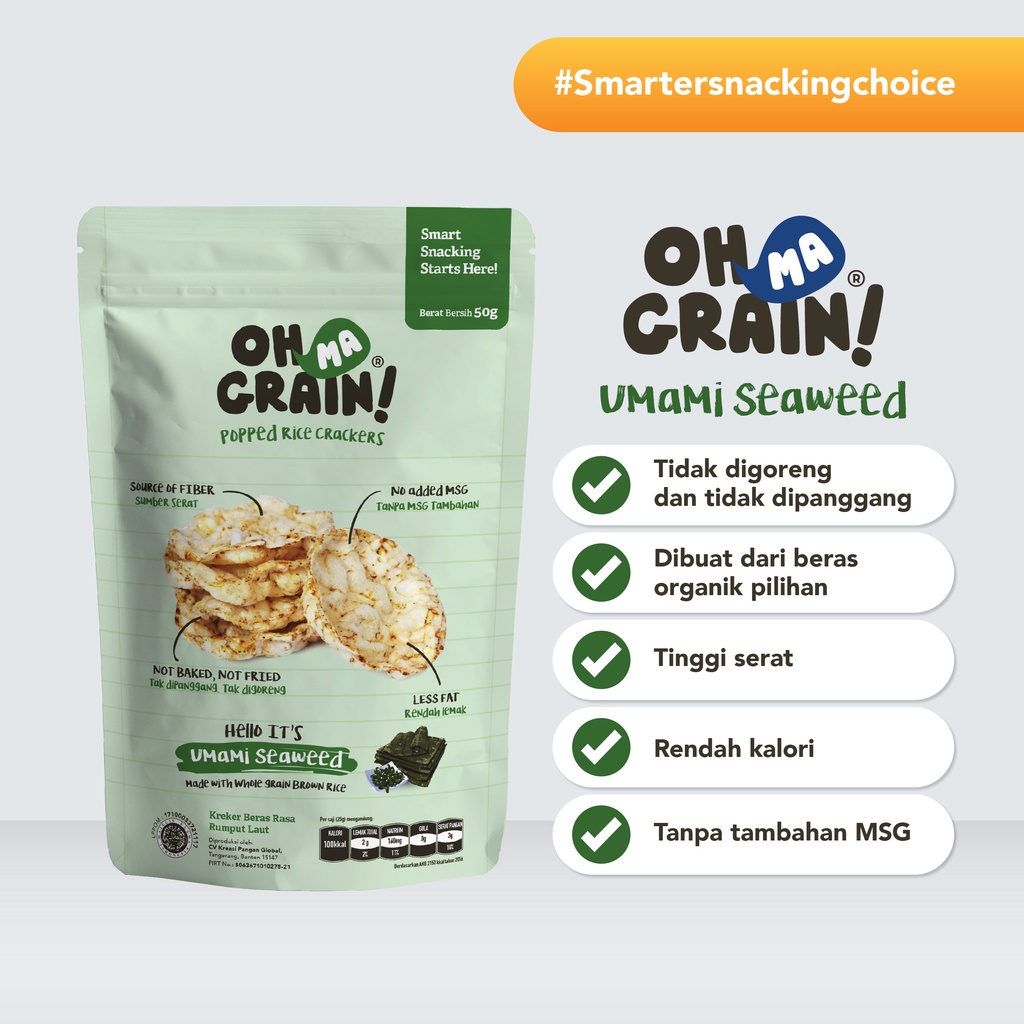 

Oh Ma Grain! - Popped Rice Crackers Seaweed - Rasa Rumput Laut - 50 Gr