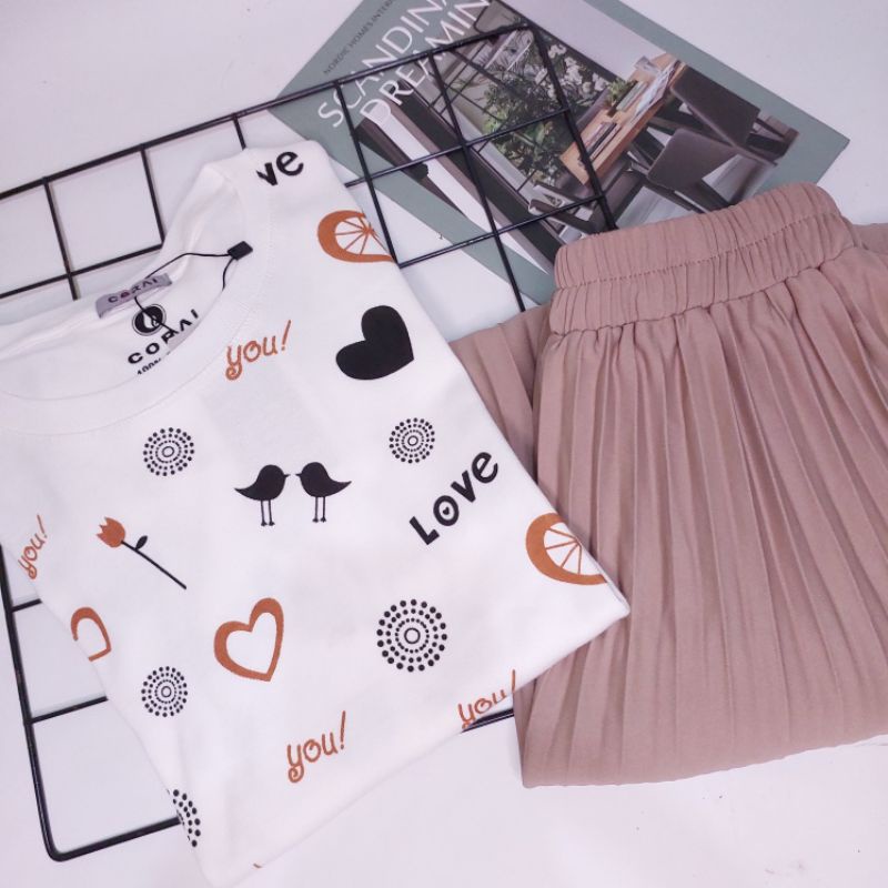 Rok plisket mocca dan choco satu set atasan kaos motif wanita lengan panjang