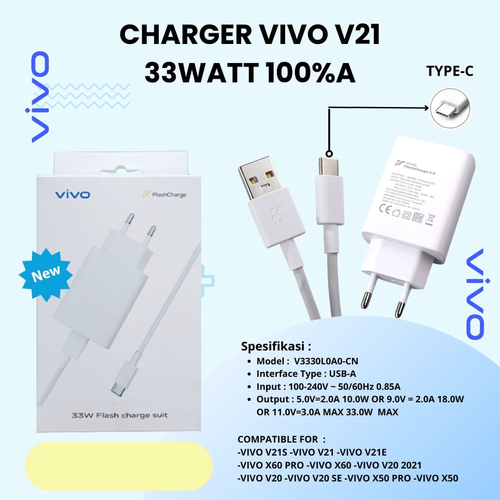 VIVO Flash Charge 2.0 33W Type C Kabel Vivo V21 V20 V20E Charger fast charge