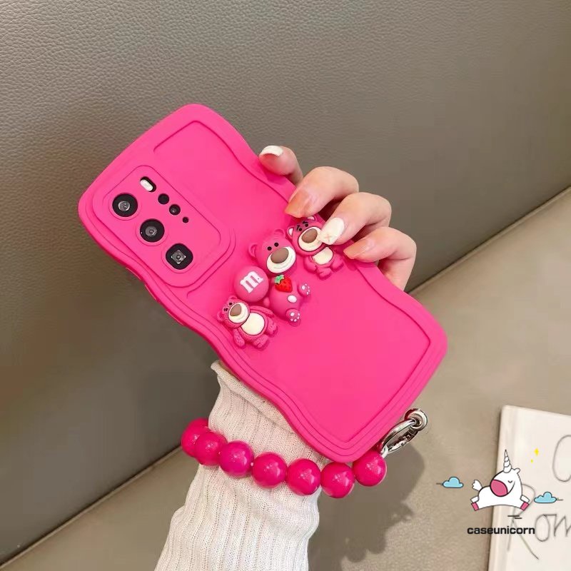 Kartun 3D Lucu Losto Decor Case Kompatibel Untuk iPhone 11 Pro MAX 7plus 8plus 14 7 8 Plus XR 14 12 13 Pro MAX X XS MAX Shockproof Simple Wave Edge Soft TPU Back Case Dengan Gelang