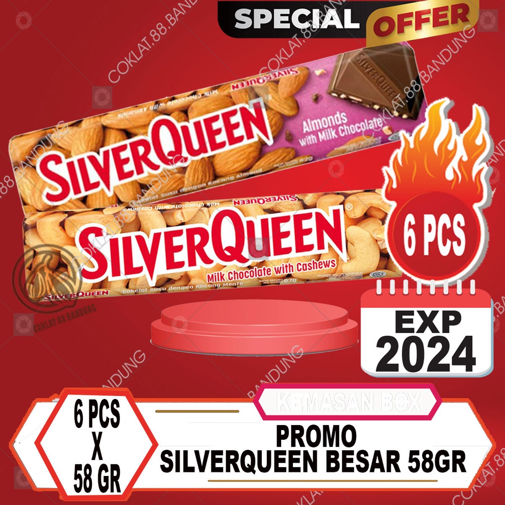 

SilverQueen 58gr Isi 6 pcs Besar Cokelat Ex 62gr, Coklat Silver Queen 58 gr X 6 Batang Milk Chocolate Almond Cashew Fruit 58 gram