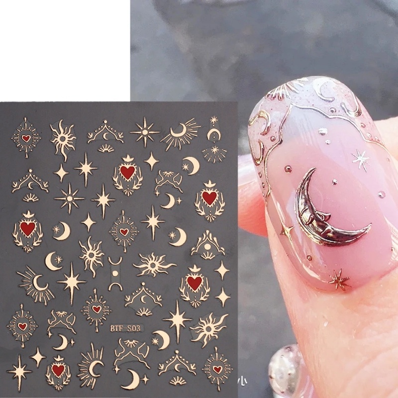 Stiker Nail Art Reflektif Bronzing 3D/Sun Moon Stars Hearts Self-adhensive Nail Decals