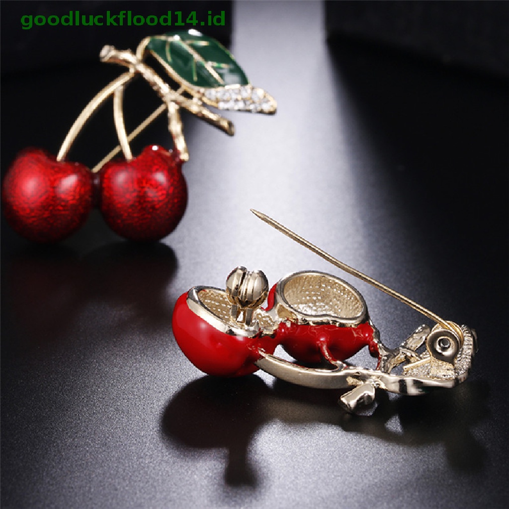 [GOOGFOUR] Enamel Merah Cherry Logam Bros Pin Tombol Kristal Bros Sweater Klip Perhiasan [TOP]