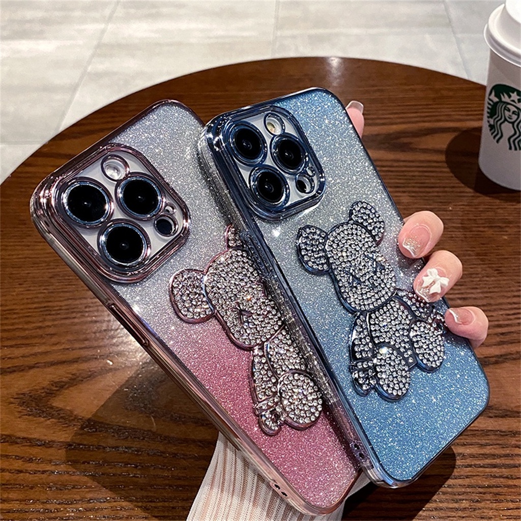 Casing Beruang Berlian Aesthetic Mewah iPhone 14 Pro Max Plus Case iPhone 13 12 Pro Max11 Promax 14plus Kamera Kedip Premium Full Tertutup Perlindungan Shockproof Soft Case