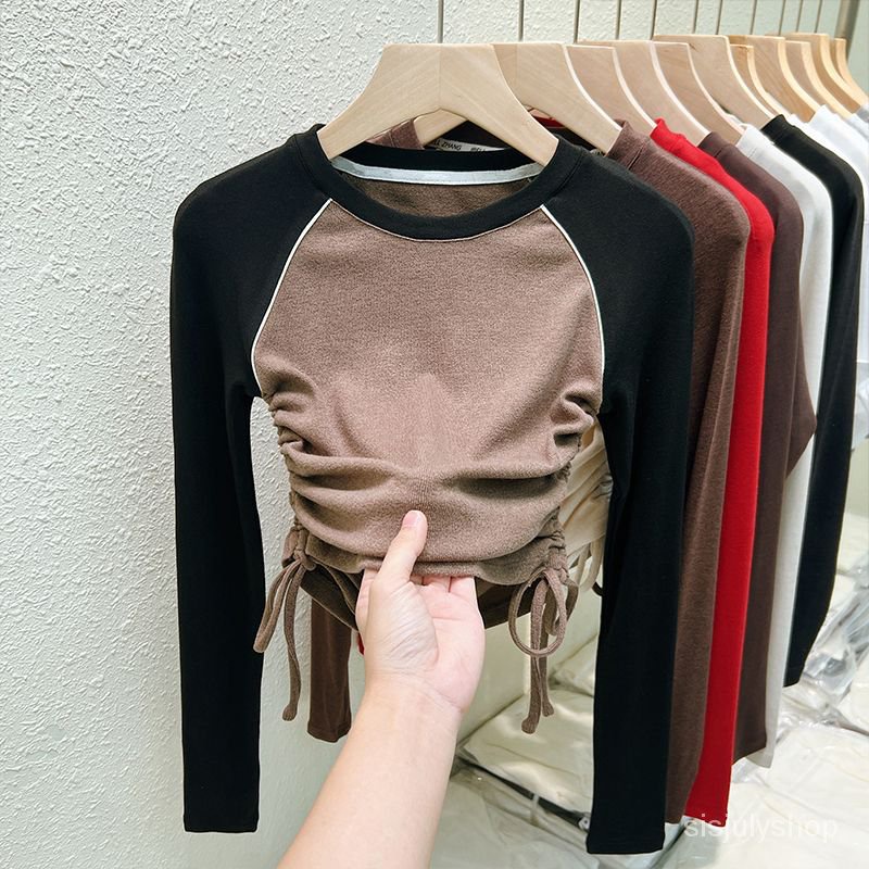 #Sisjuly# Kaos lengan panjang wanita atasan kemeja ramping ramping dan tipis lipit atasan kemeja pen