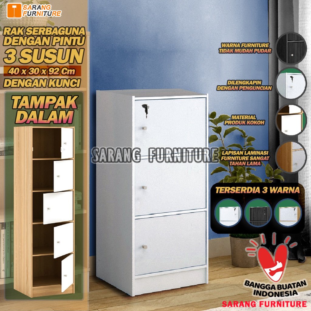 LEMARI RAK BUKU SERBAGUNA SUSUN 3 KAYU DENGAN KUNCI RSG PINTU 3 SUSUN