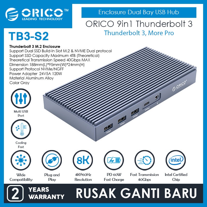 ORICO TB3-S2 9in1 Thunderbolt 3 M.2 Enclosure Dual Bay USB Hub RJ45
