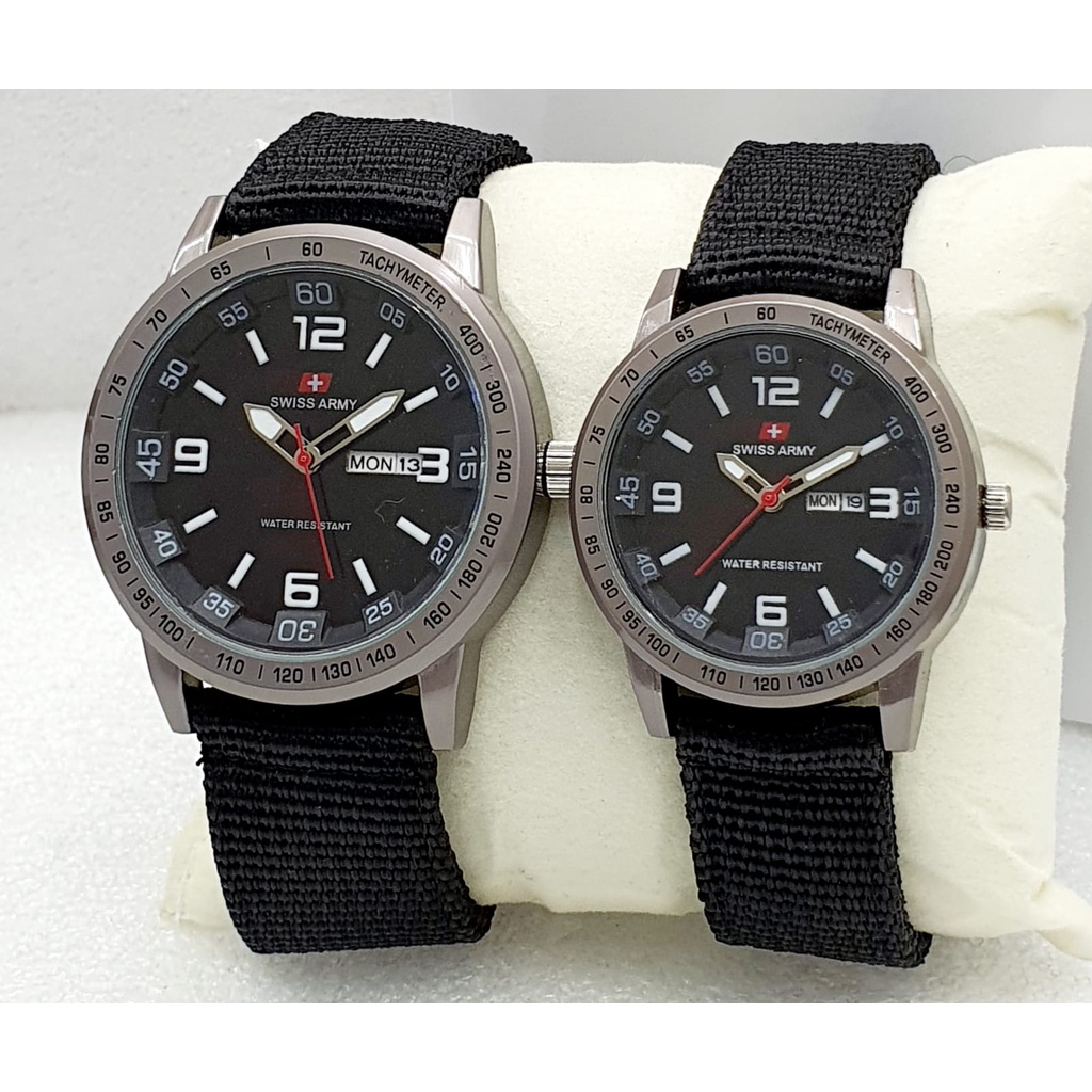 Jam Tangan Couple Swiss Made 8213 Army Bahan Kanvas Hari Tanggal Aktif / Jam Tangan Pria Wanita