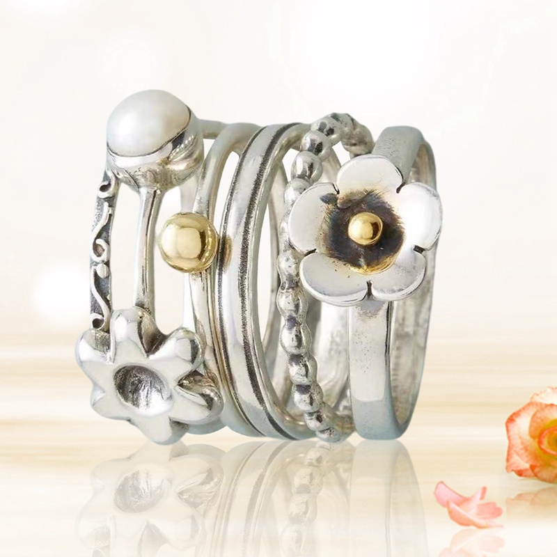 Trendy Sederhana Cincin Set Untuk Wanita Elegan Bunga Mutiara Gaya Etnik Jari Cincin Pernikahan Pertunangan Perhiasan Aksesoris