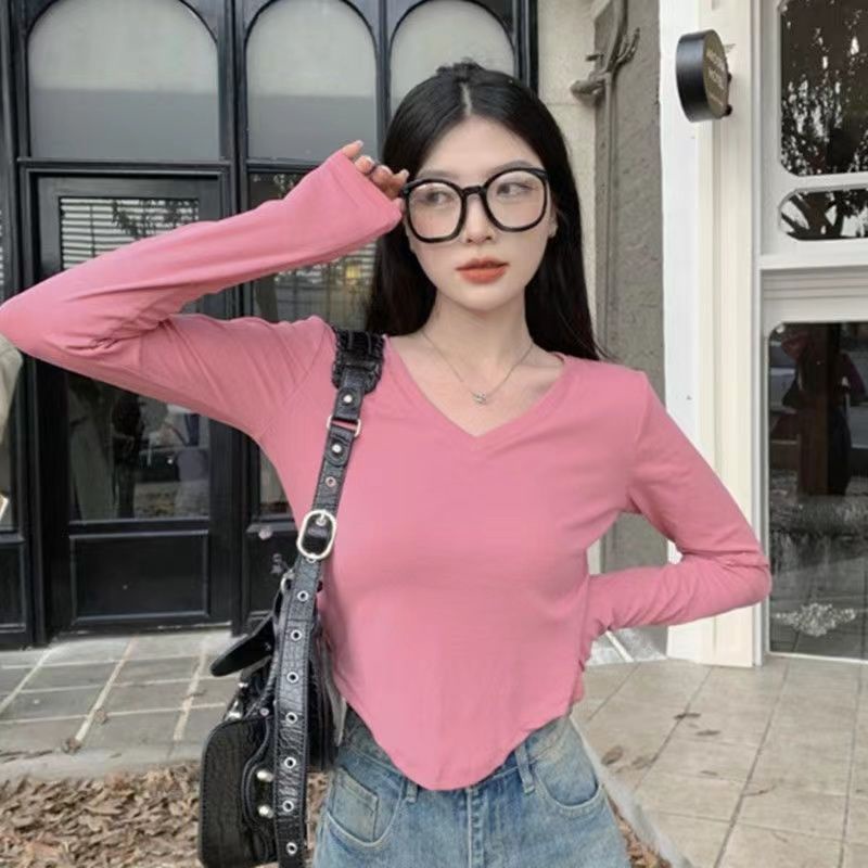 Red Keinginan murni dan hati-hati mesin tulang selangka V-neck lengan panjang T-shirt bottoming kemeja wanita musim gugur dan musim dingin versi Korea dari t-shirt pendek slim fit top