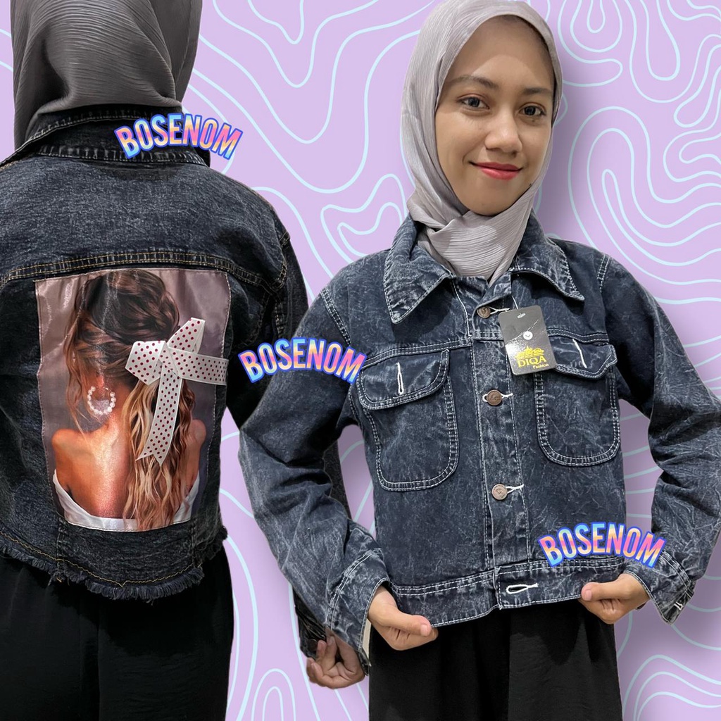 Jaket denim jeans wanita motif print belakang