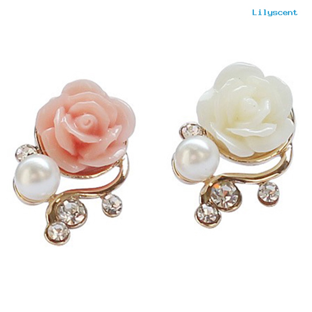 [LS] 1pasang Ear Stud Bentuk Bunga Mawar Serbaguna Alloy Mutiara Imitasi Berlian Imitasi Rose Earrings Untuk Wanita