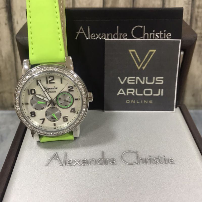Jam Alexandre Christie AC 2402 BF LSS Wanita Silver Kulit Hijau Bulat Diamond