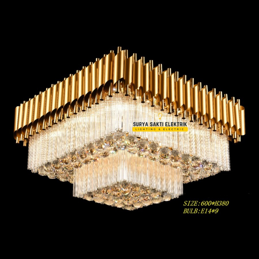 LAMPU PLAFON KRISTAL GANTUNG MODERN KOTAK GOLD HIAS RUANG TAMU
