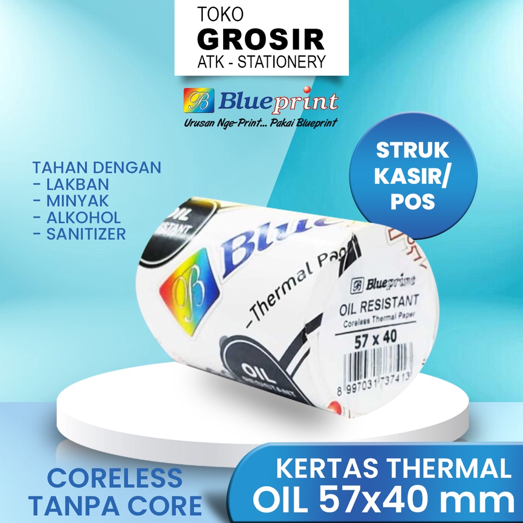 

57x40 Oil Roll Kertas Struk TAHAN LAKBAN BLUEPRINT Thermal Oil 57x40 mm 1Roll - Toko Grosir ATK Stationery