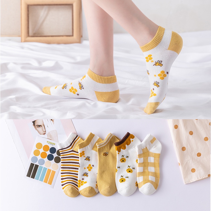 IL - Kaos Kaki Pendek Wanita Motif Kuning Lebah Gaya Korea / Kaus Kaki Semata Kaki Wanita Dewasa SC-11