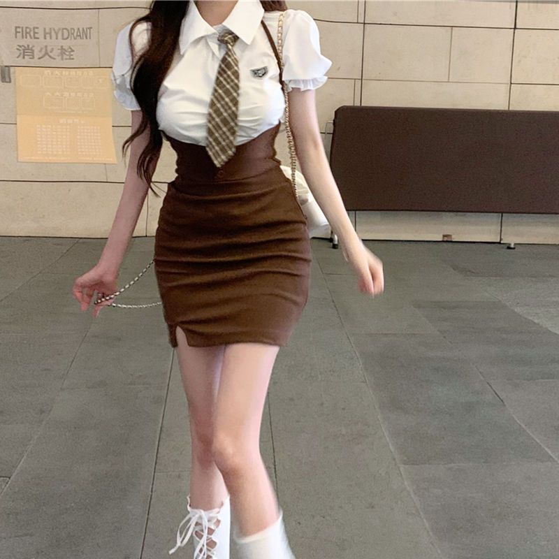 ☃peach.lily dua potong hot girl dress wanita pinggang musim panas Korea susu manis rok suspender adi