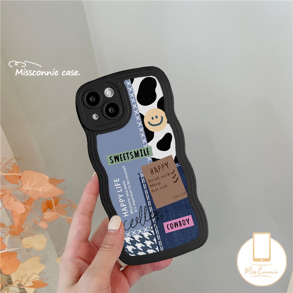 IPHONE Casing Soft Wavy Edge Case Kompatibel Untuk Iphone14 11 13 12 Pro Max6 6s 8 7 Plus XR 14Plus X XS Max SE 2020 Motif Kupu-Kupu Splicing Smiley Label Case