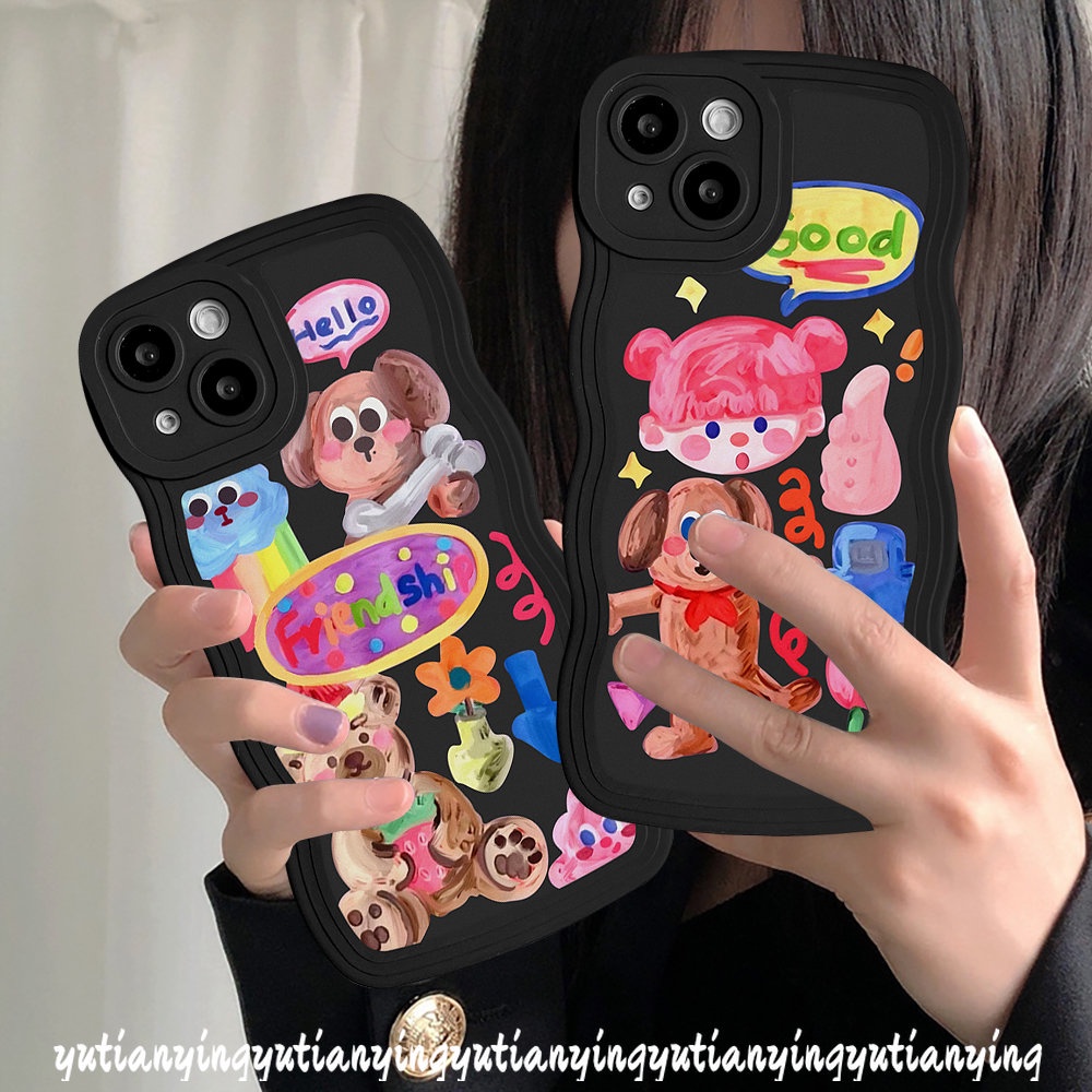 Oppo A12 A16 A57 A17K A17 A55 A96 A54 A15 A77 A5s A76 A95 A16s A3s A5 A9 A74 A7 A16K A1k A77s A53 A52 Reno 85f 7Z 6 Stiker Cewek Lucu Kartun Graffiti Dog Wavy Edge Soft Case