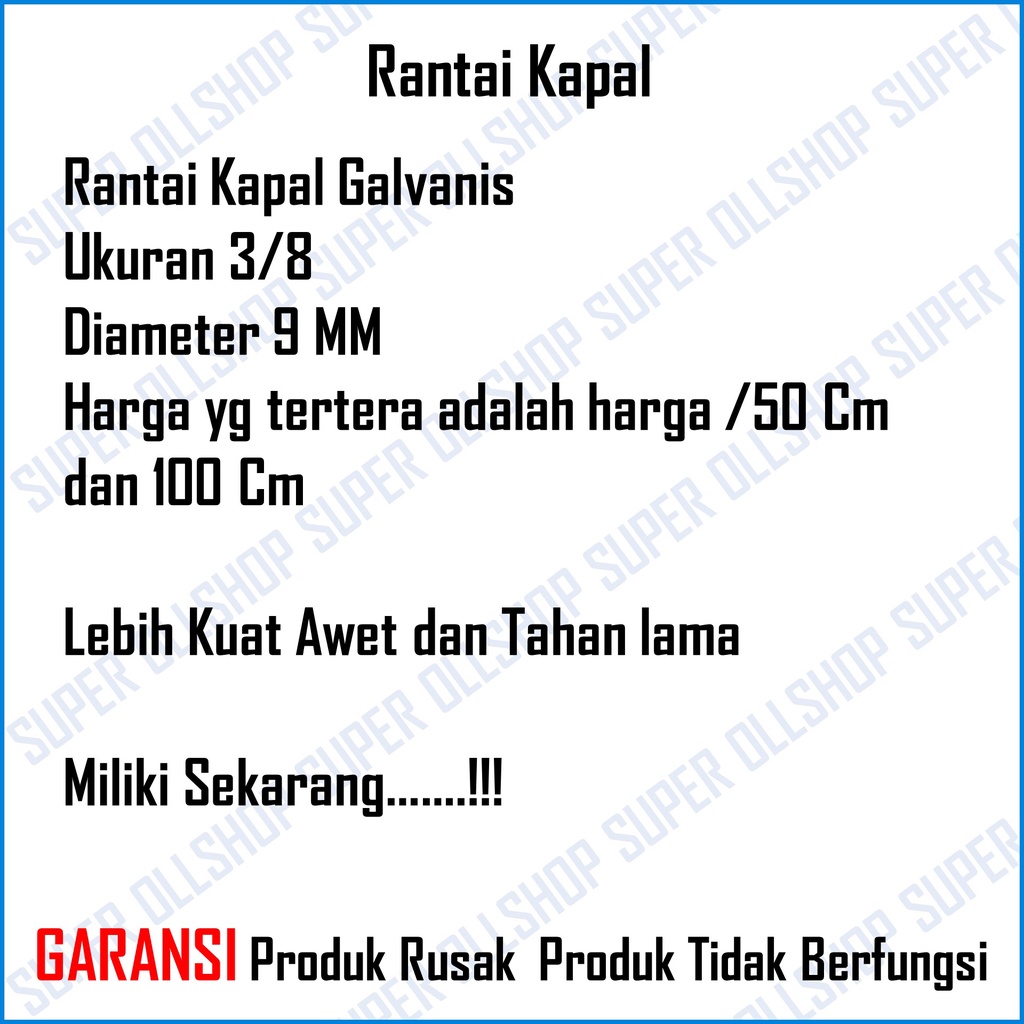 Rantai Kapal 3/8 9 MM / Rantai Besi Besar 9 MM / Harga Rantai Kapal Besi Meteran / Rantai Besi Galvanis 9 mm/Rante Besi 9 mm Eceran