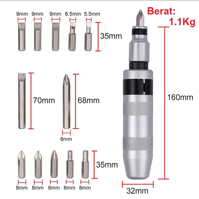 Obeng Ketok Set 13pcs Obeng Getok Putar Set Impact Driver S2 Drill Bit Bahan Non-Karat Impact Screwdriver Set Box Besi Vessel