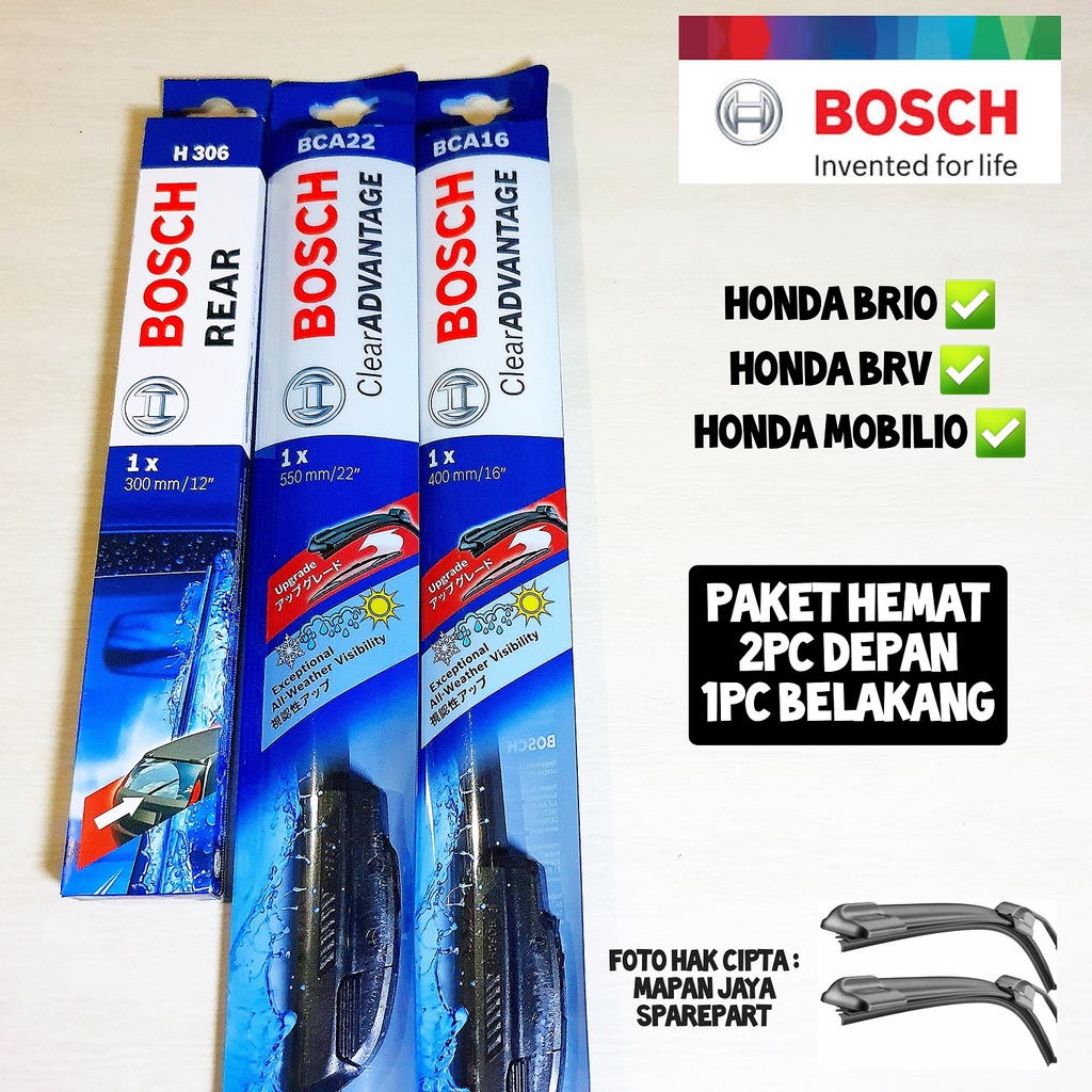 BOSCH WIPER DEPAN &amp; BELAKANG - BRIO / MOBILIO / BR-V (FRAMELESS)