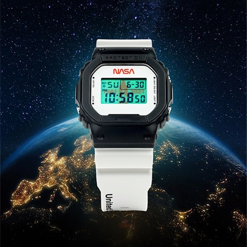 NASA x G Shock DW-5600NASA21-1 All Systems Go Jam Tangan Olahraga Pria Tampilan Ganda 200M Tahan Air Shockproof dan Waterproof Waktu Dunia LED Lampu Otomatis