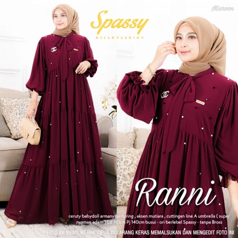 Gamis Wanita Terbaru 2023 Ranni Dress Kondangan Ceruty Babydoll Aksen Mutiara Baju Wanita Kekinian Busui Friendly Gaun Pesta Muslimah