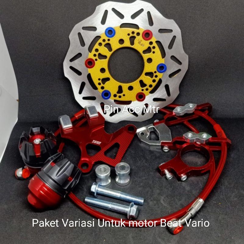 Paket Variasi motor 5 Macam Variasi Motor/Beat/Vario/Disc Cakram Depan Standar+Cover Kaliper Cnc+Selang Rem 90cm+Kleman Selang Rem Cnc+Jalu as depan