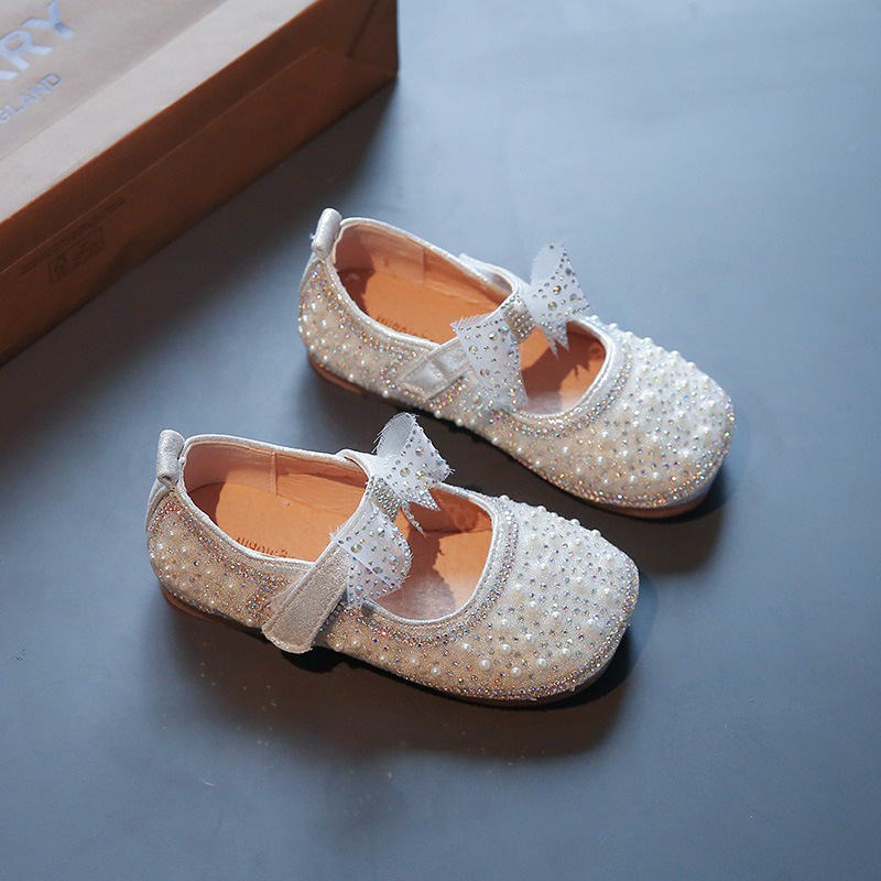 SH2264 Bisa COD Sepatu Flatshoes pesta anak Sepatu anak perempuan 2022 musim semi SIZE 21-35 mode baru berlian imitasi mutiara gadis kecil sepatu kulit putri ikatan simpul lucu trendi