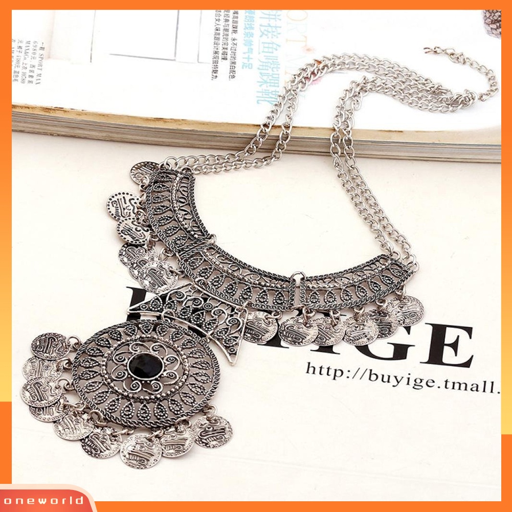 {oneworld} Perhiasan Kalung Statement Bunga Boho Etnik Vintage Rantai Ganda Wanita