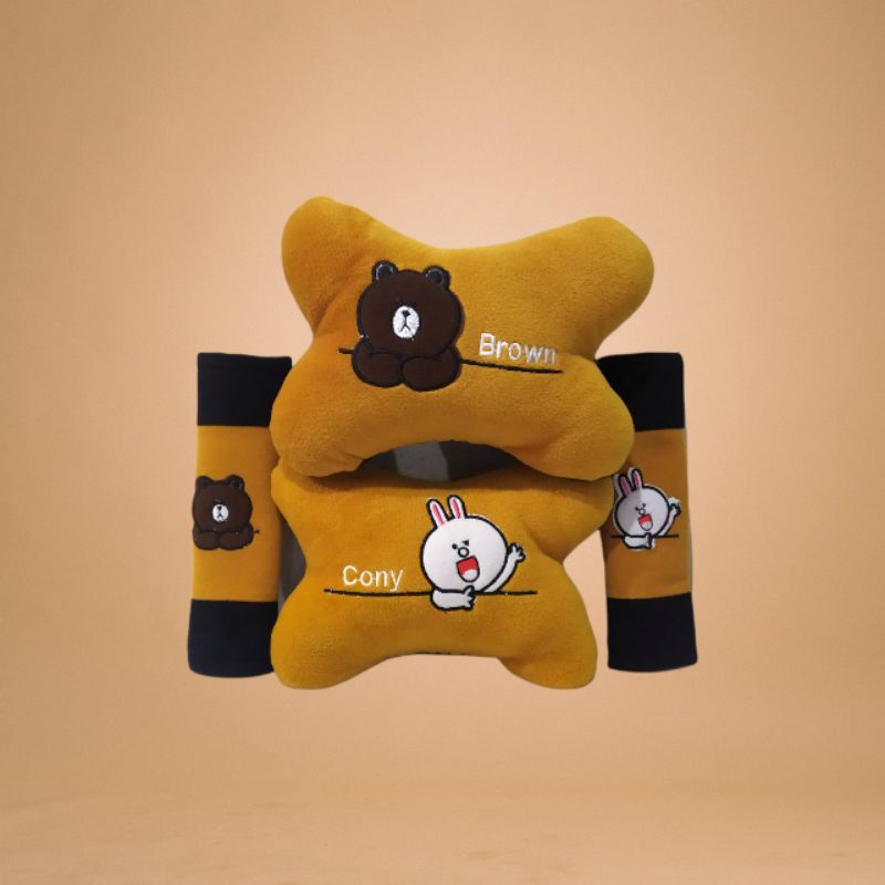Headrest Bantal 3in1 Mobil Jok Kepala Variasi Beruang Coklat Kelinci Putih Set 3in1 Bantal Mobil