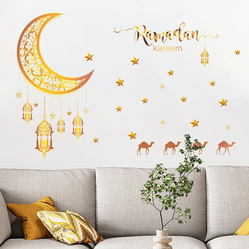 Tahan Debu Dekorasi Seni Indoor Bulan Bintang Lentera Dinding Decal Perekat Diri Diukir Wallpaper Festival Pesta Dekorasi Perlengkapan Ramadhan Lebaran Stiker Dinding