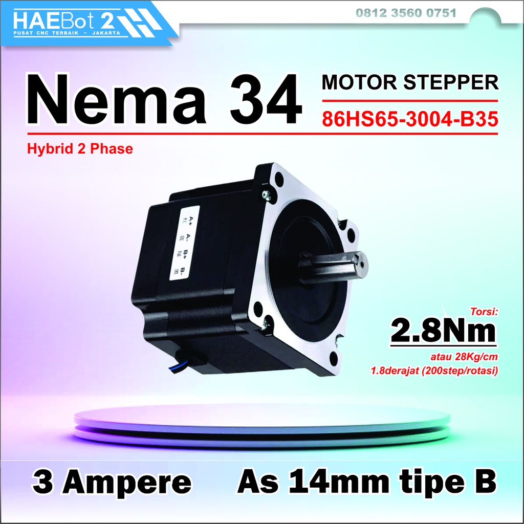 [HAEBOT 2] Motor Stepper Nema 34 86HS65 2.8Nm 65mm 3A Shaft 14mm CNC Laser Router Plasma Milling Hig