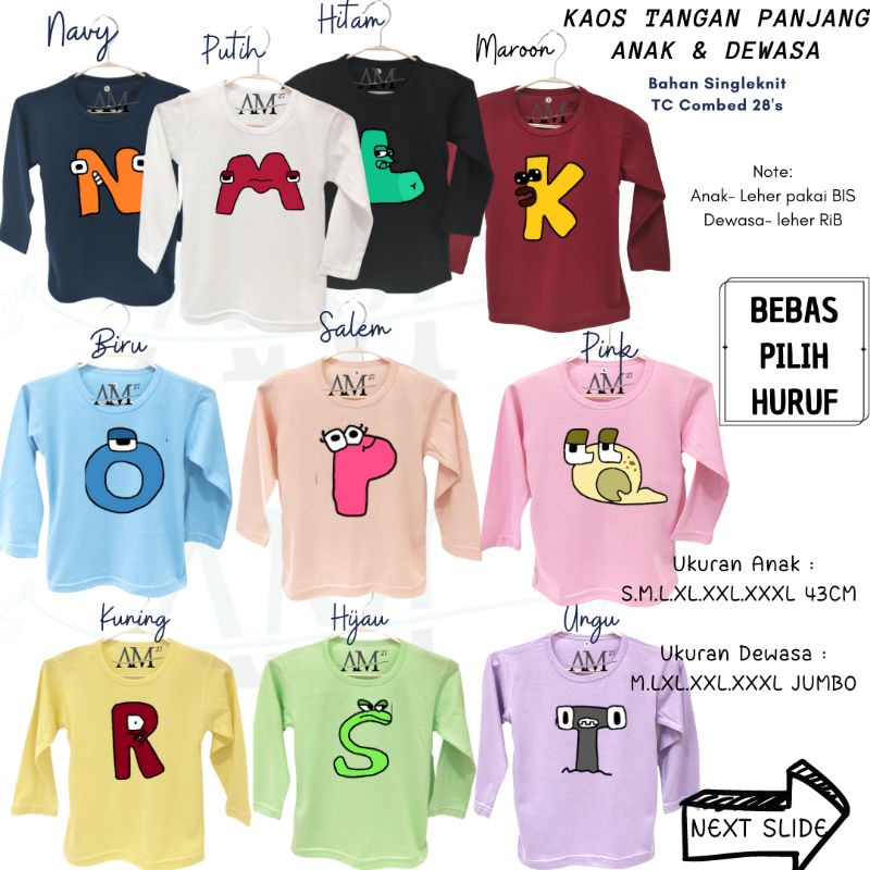 TPJ013 Baju Kaos Tangan Panjang Anak 1-12 tahun s/d Dewasa Alphabet Lore 1 Huruf