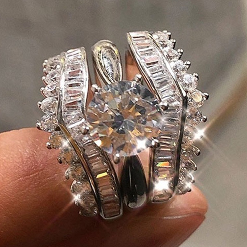 3pcs/set Cincin Ganda Dapat Ditumpuk Untuk Wanita Mewah Pernikahan Band Aksesoris Dengan Kristal Briliant Cubic Zirconia Baru Perhiasan Trendi