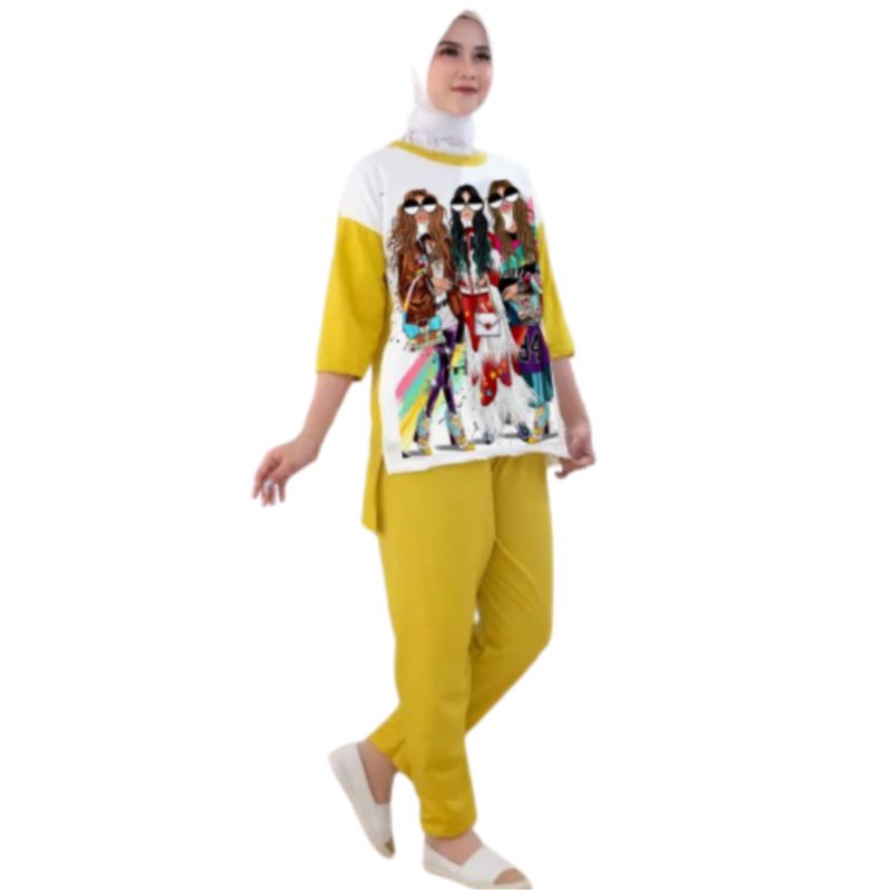 Setelan Kaos Wanita Dewasa Oversize Ld 110 cm Terbaru 2023 Viral Gambar Digital Printing Bahan Kaos Babyterry Tangan 3/4 dan Celana Panjang One Set Wanita Dewasa Jumbo Kekinian Atasan Baju Wanita Dewasa Big Size Stelan Baju Wanita Santai Cewek 84