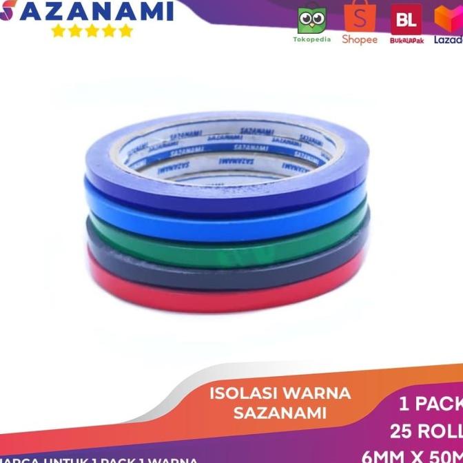 

1 PACK 25 ROLL ISOLASI WARNA 6MM X 50M SAZANAMI SELOTIP LAKBAN WARNA