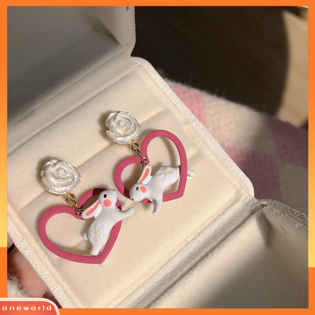 [ONE] 1pasang Anting Pejantan Tiga Dimensi Geometris Bentuk Hewan Menawan Berlebihan Hiasan Telinga Tahan Luntur Jarum Perak Kelinci Lucu Hati Merah Muda Anting Aksesoris