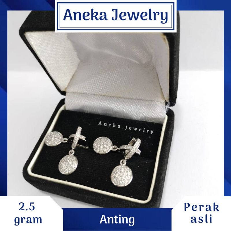 Anting Donat Gantung Bulat Full Mata, Sepuh Emas Putih, Perak 925