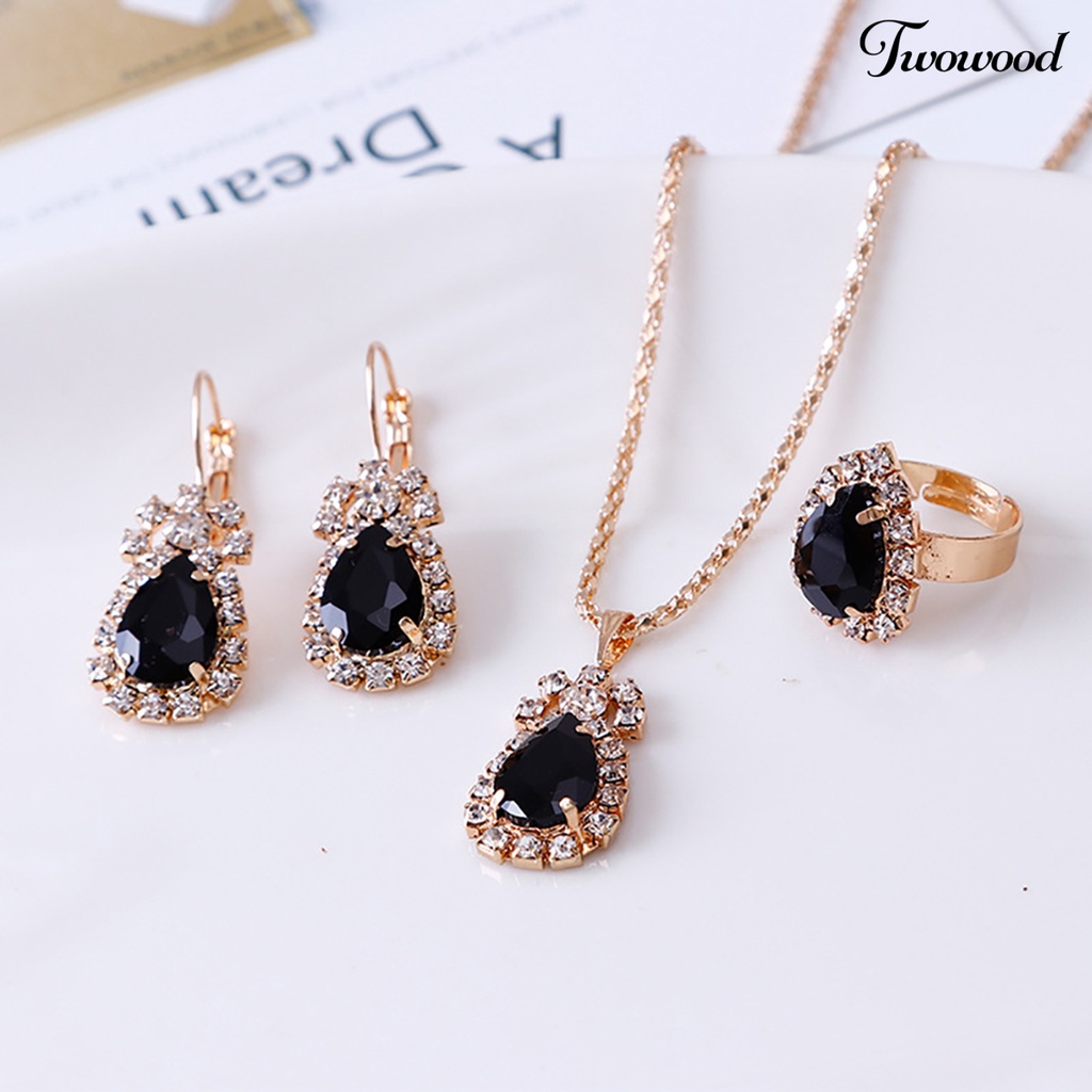 Twowood Set Perhiasan Eye-catching Mudah Senada Wanita Tetesan Air Berlian Imitasi Mengkilap Kalung Cincin Anting Untuk Pesta