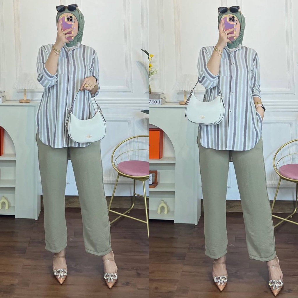 Luna Set - One Set Wanita Kemeja Salur Shakila Twill Premium Setelan Baju Lengan 7/8 Set Celana Panjang Kekinian LD 110 cm