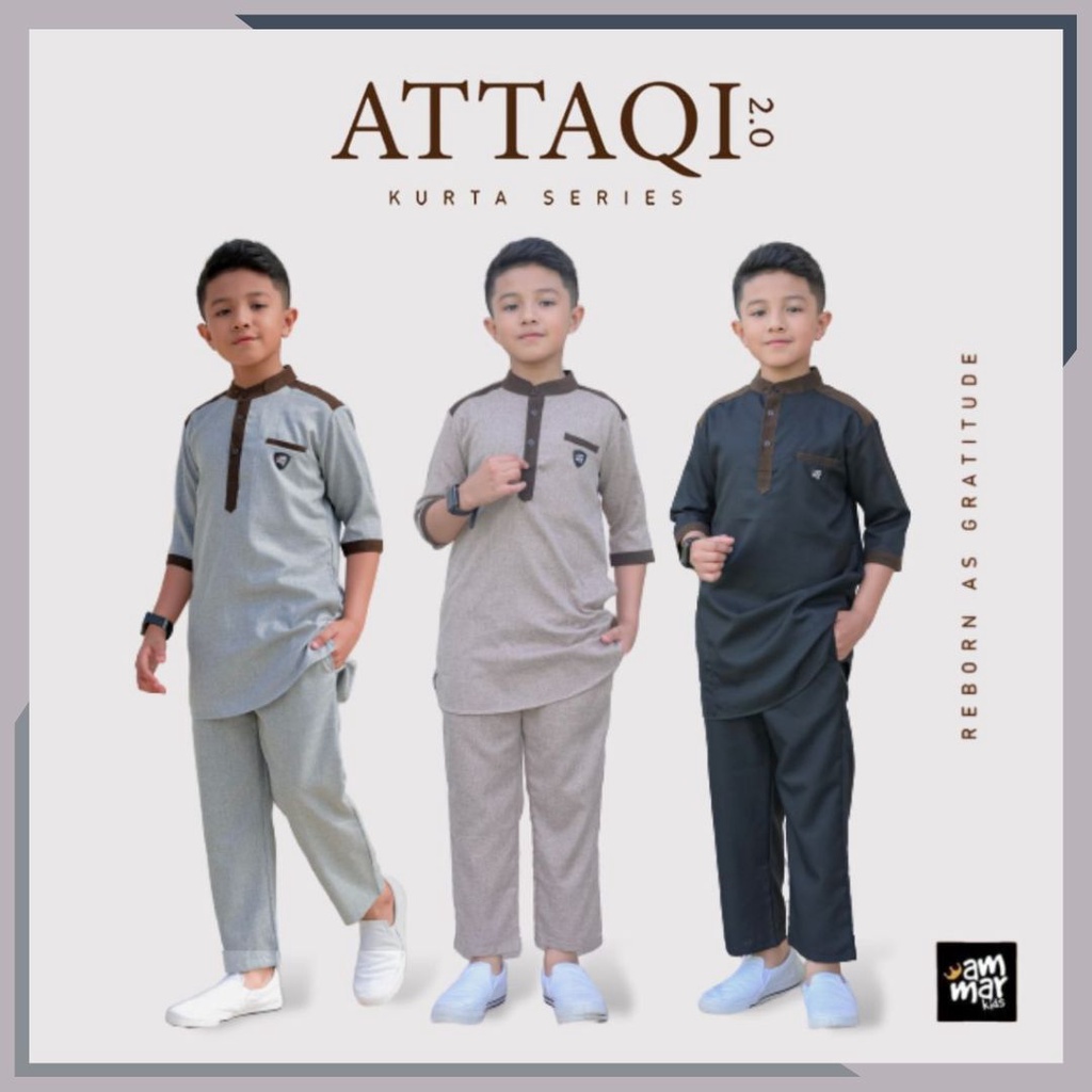 Stelan Baju Koko Kurta Anak 3 -12 Tahun Premium Original Branded Attaqi Set Muslim Ammar Kids Setela