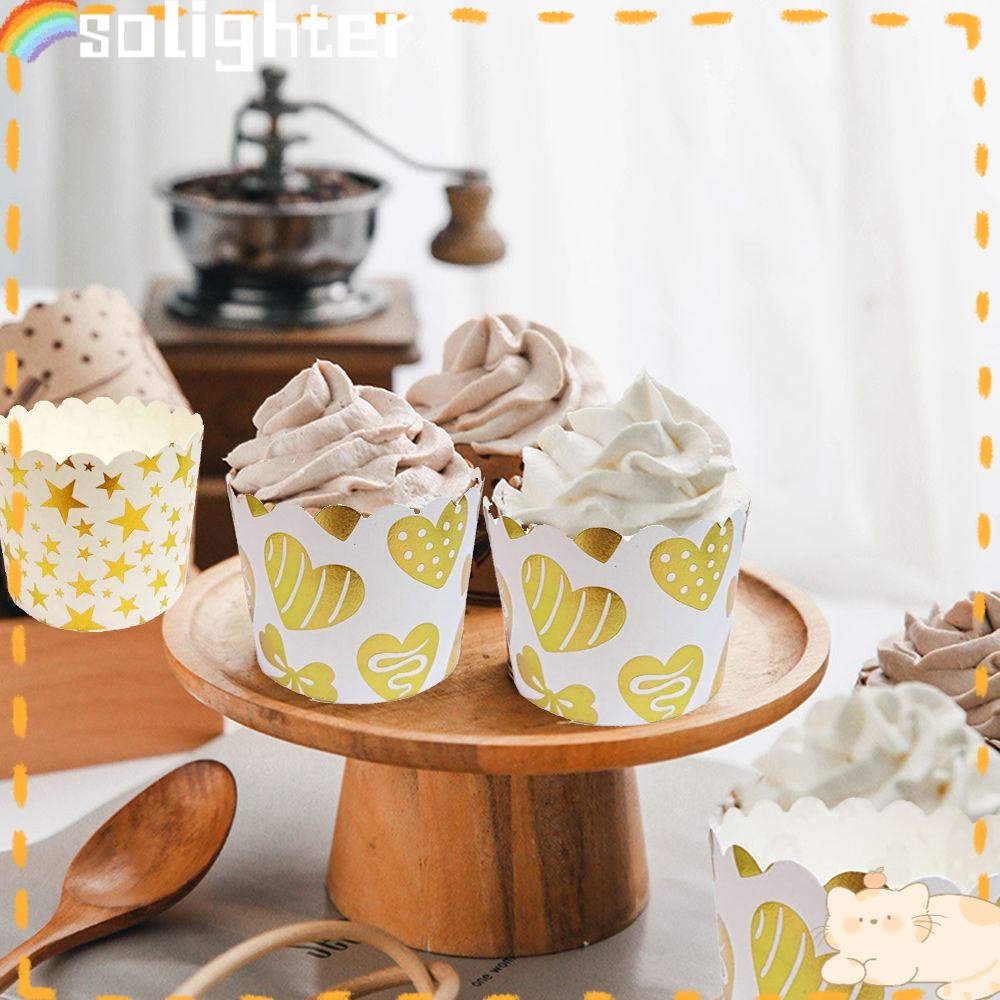 Solighter 50Pcs Cupcake Paper Cups Perlengkapan Pesta Dilapisi Emas Perak Kue Liner Muffin Cupcake Liners
